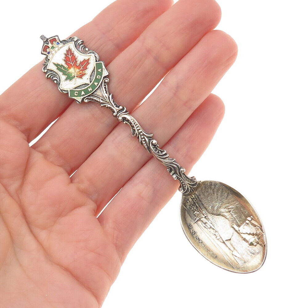 925 Sterling Silver Antique 1901 Canada Enamel Halifax Maple Leaf Coffee Spoon